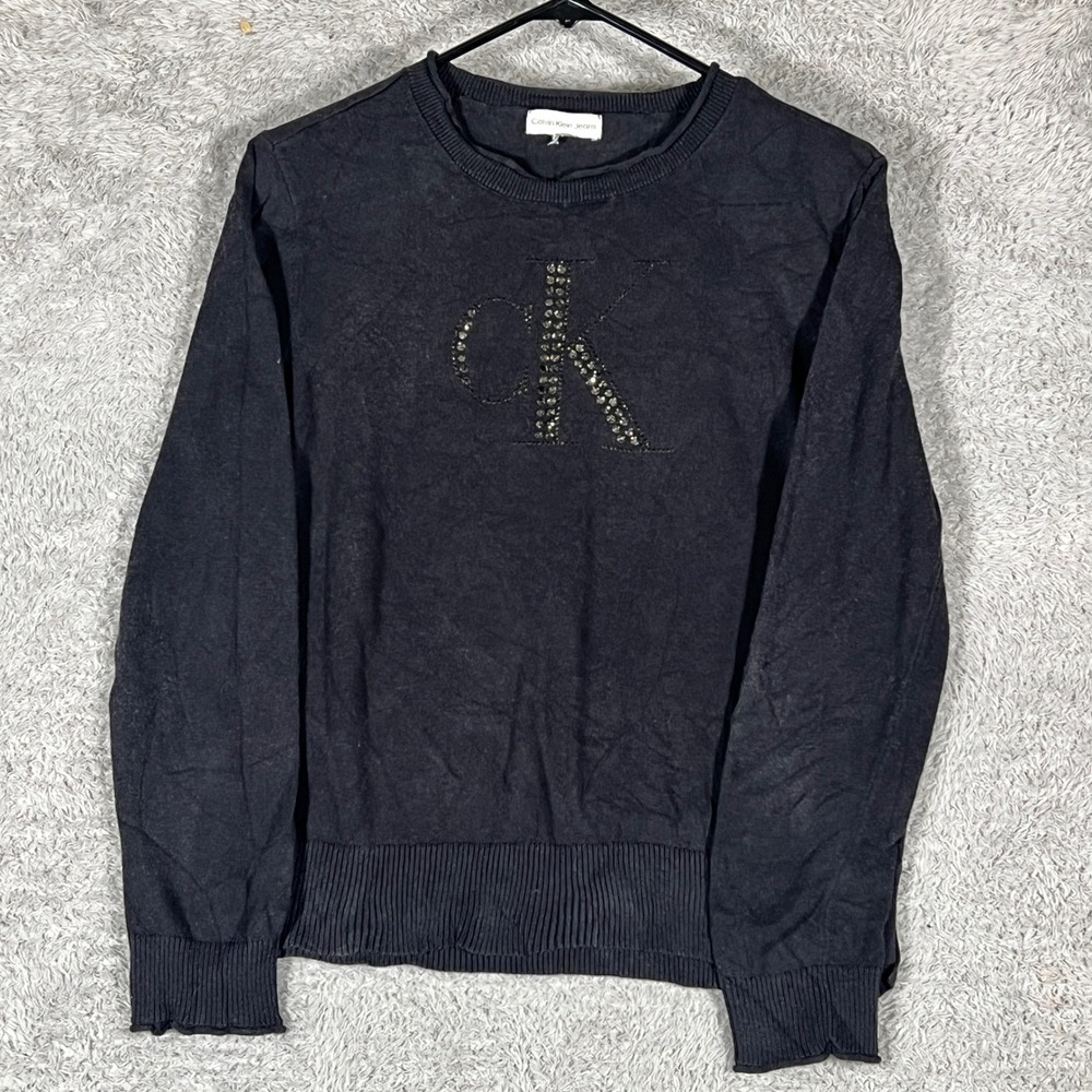 Calvin Klein Jeans Sweater Womens M Black Rhinestone CK Logo Long Sleeve Knit
